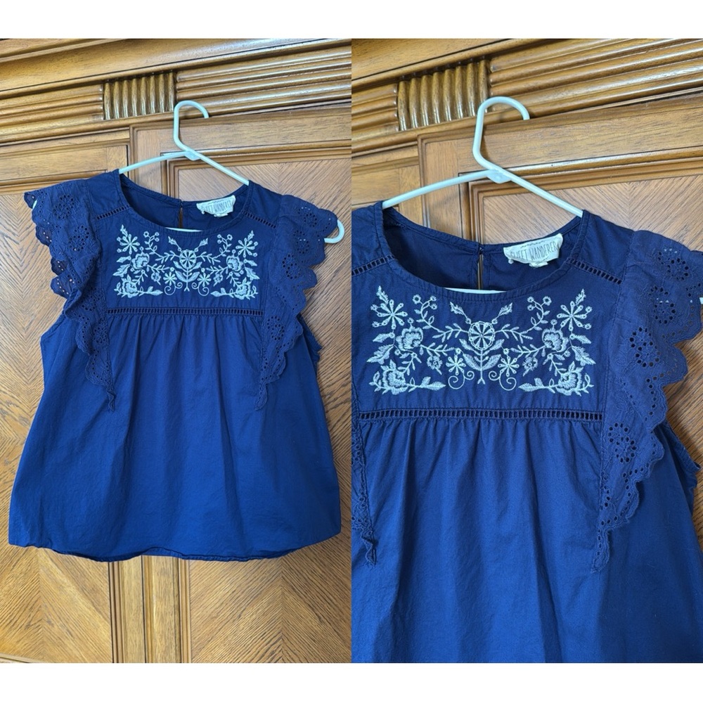 Royal Blue Cotton Embroidered Sleeveless Eyelet Top, Size S